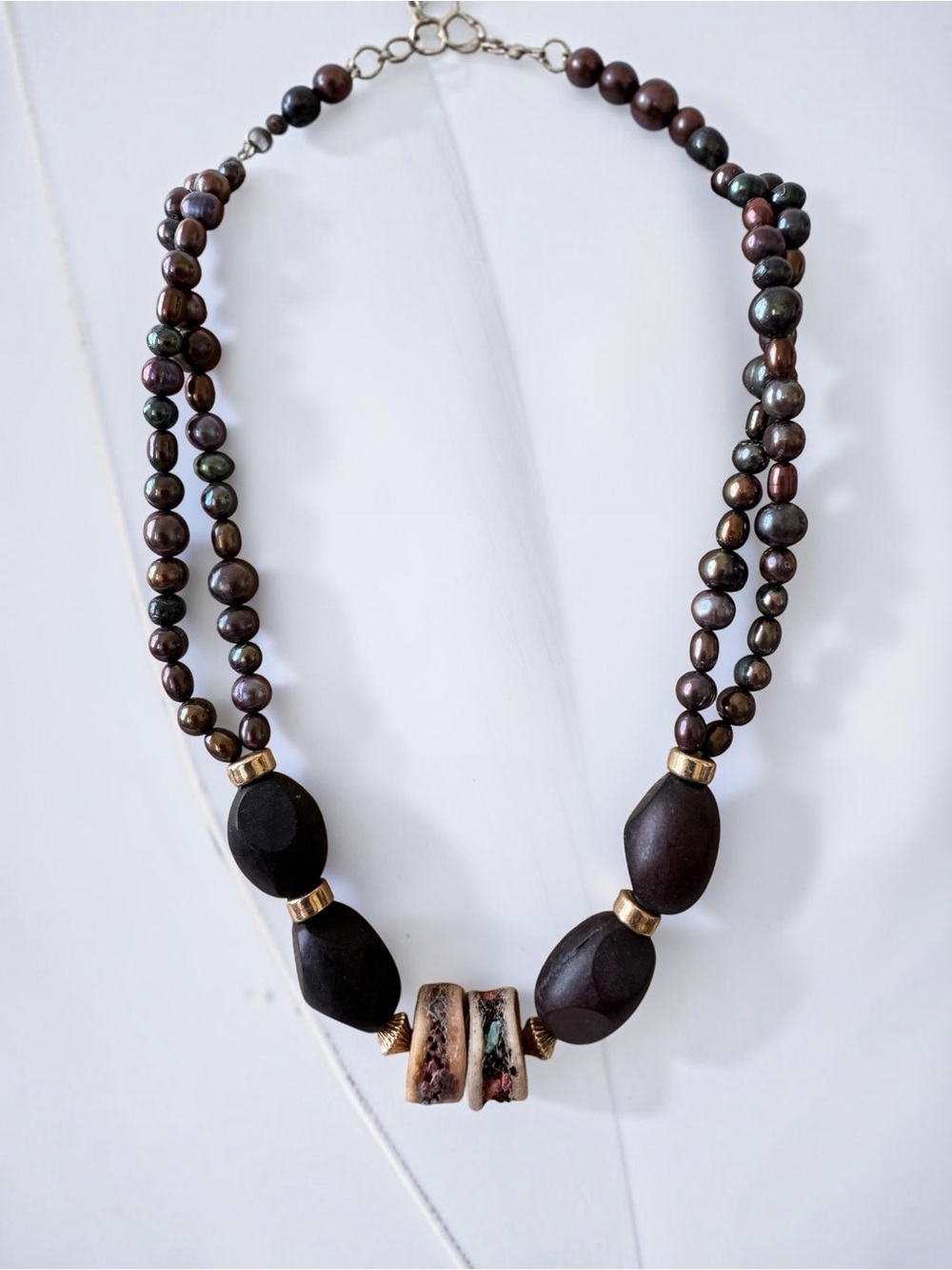 Freshwater Pearl and Inlay Bone Handcrafted Statement Necklace
